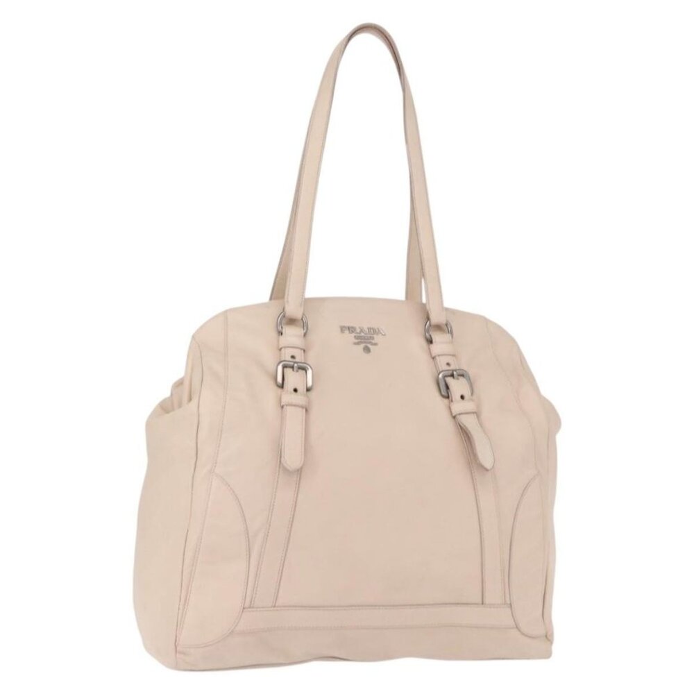 PRADA Shoulder Bag Leather Beige Silver Auth ka071
